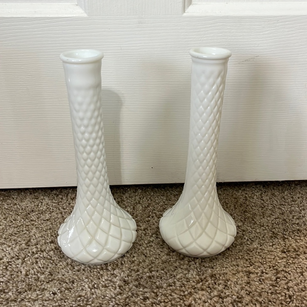 White Milk Glass Bud Vases - Pair